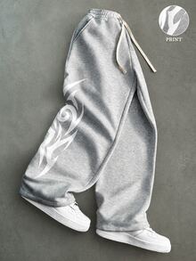 PAVTROS Men's Printed Drawstring Waist Pocket Loose Sweatpants - Grey - View 1