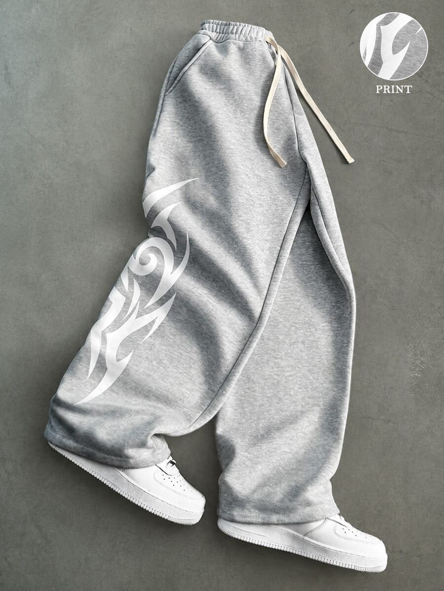 PAVTROS Men's Printed Drawstring Waist Pocket Loose Sweatpants - Grey - View 1
