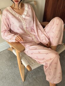 DAZY Autumn/Winter Sweet Plaid Bow Ruffle Loose Women's Pajama Set - Pink - View 1