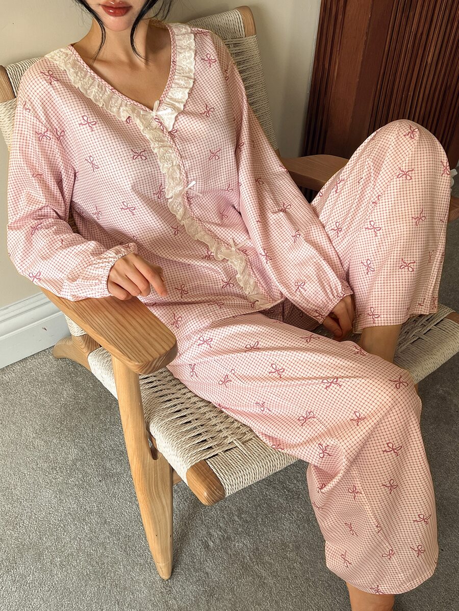 DAZY Autumn/Winter Sweet Plaid Bow Ruffle Loose Women's Pajama Set - Pink - View 1