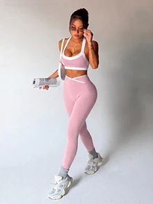Women's Colorblock Trim Backless Halter Neck Cropped Top & Leggings Sports Set - Pink - View 4