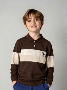 SHEIN Mirajuku Boys' Polo Shirt, Patchwork Long Sleeve, Simple Fashionable Turn-Down Collar, White - Mocha Brown - View 1