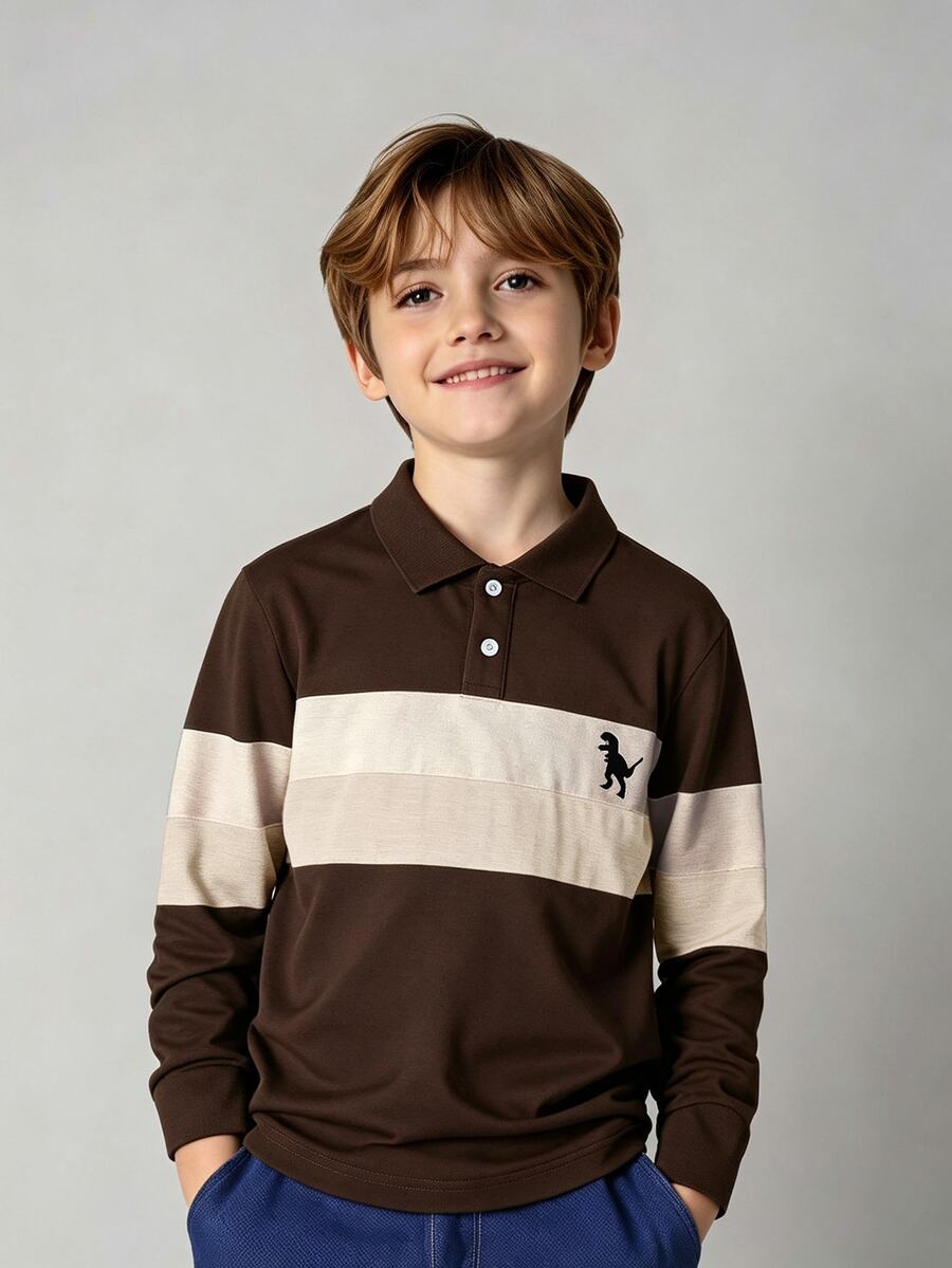 SHEIN Mirajuku Boys' Polo Shirt, Patchwork Long Sleeve, Simple Fashionable Turn-Down Collar, White - Mocha Brown - View 1