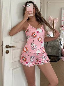 SweetSlumber Sweet & Cute Halloween Floral Little Ghost, Pumpkin & Bat Print Comfortable Ruffle Strap Women's Pajama Set - Pink - View 6