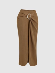 Sweetra Early Autumn New Asymmetrical Hem Waist Buckle Design Gentle Elegant Daily Office Brunch Party Versatile Korean Style Women's Long Skirt Coffee Brown - Khaki - View 4