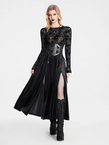 Breakform Gothic Halloween Women's Black Draped Pleated Texture High Waist, Double Side High Slit Design, Dark Punk Daily Solid Color Skirt - Black - View 6