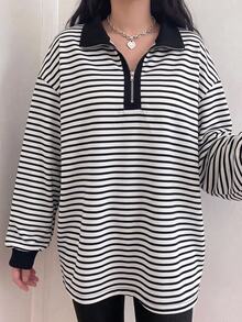 SHEIN Plus Size Women's Striped Casual Elegant Versatile Daily Wear Long Sleeve Sweatshirt Graduation Club Vacation Formal Black And White Fall - Multicolor - View 4