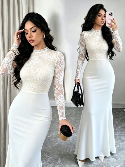 Elenzga Vestido Maxi de Malha Elegante para Mulheres no Outono, Branco com Renda Floral, Gola Alta, Cintura Marcada, Ajustado, Manga Longa, Bodycon, Barra em Cauda de Peixe, para Jantar e Casamento
