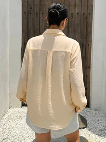 Dazy Plus 寬鬆休閒拼接刺繡花卉圖案優雅俏皮通勤款春夏秋新款長袖藍色襯衫度假風 - 鵝黃色 - 查看 2