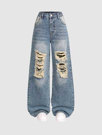 SHEIN Elladie kids Girls' New Fashionable Distressed Washed Blue Straight Leg Loose Fit Wide Leg Jeans, Casual Snug Fit Versatile Denim Pants For Spring Autumn Winter, Suitable For Casual Outings And Outdoor Wear