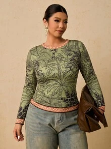 Travachic 大尺碼女款熱帶印花T恤，適合度假穿著 - 彩色 - 查看 4