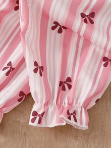 SHEIN 2-Piece Girls Toddler Cute Ruffle Lapel Long Sleeve & Long Pants Pink And White Striped Bow Print Comfy Lightweight Knit Autumn/Winter Pajamas - Baby Pink - View 6