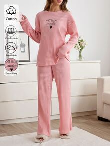 SHEIN Minimal Letter Graphic Ribbed Sleepwear Co-Ord - Pink - View 6