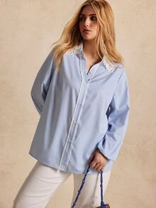 Écloséra Curve Plus Size Blue & White Striped Lace Trim Collared Shirt Fall - Blue and White - View 4