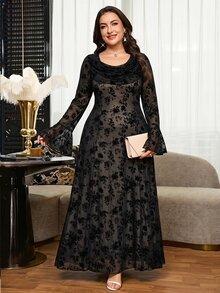 Reflora Plus Size Fashion Party Floral Flocked Mesh Dress Fall - Black - View 4