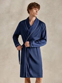 EverLounge Satin Comfortable Minimalist Contrast Trim Men's Robe - Navy Blue - View 5