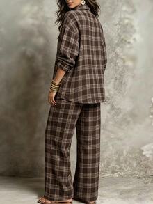 Linhara CURVE Plus Size Women's Casual Check Shirt And Pants Autumn Set - Brown - View 2