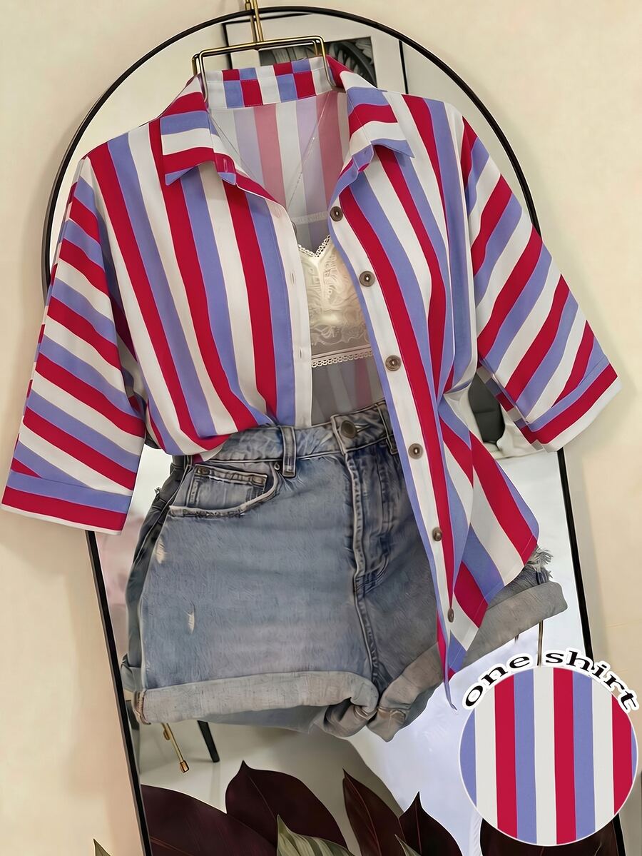 SHEIN Franclia 女款條紋百褶休閒百搭日常穿著襯衫 - 紫色 - 查看 1