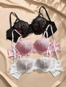 Charlaine Women's Solid Color Lace Bra (Underwire Molded Cup Bra, 3 Pieces Set) - Multicolor - View 5