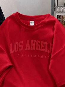 SHEIN EZwear 大尺寸休閒極簡風英文3D壓紋圖案圓領短袖超寬鬆大碼T恤 - 紅色 - 查看 4