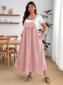 Enliva Plus Size Loose Black Strap Dress - Pink - View 4