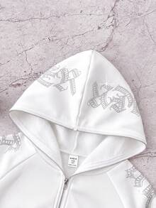 SHEIN 青少年女孩哥德風文字水鑽鉚釘短版拉鍊連帽衛衣，秋冬長袖上衣，畢業穿搭，返校穿搭 - 白色 - 查看 3