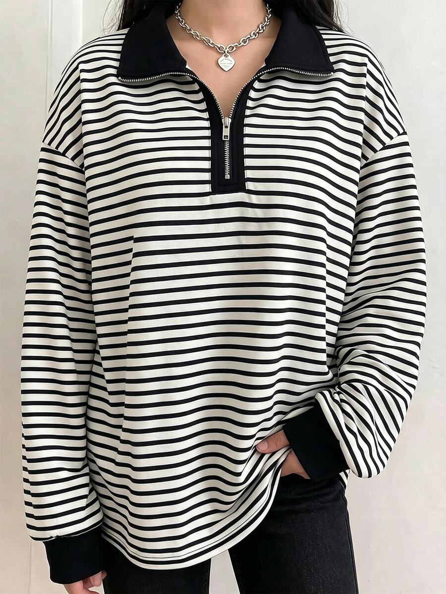 SHEIN Plus Size Women's Striped Casual Elegant Versatile Daily Wear Long Sleeve Sweatshirt Graduation Club Vacation Formal Black And White Fall - Multicolor - View 1