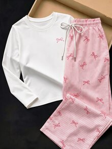 Comfortcana Setelan Kasual Sehari-hari Wanita 2 Potong: Atasan Lengan Panjang dan Celana Motif Pita - Berwarna merah muda - View 6