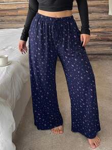 Dazy Plus Plus Size Women's Solid Color Elastic Waist Loose Drawstring Straight Leg Lounge Pants - Blue - View 3
