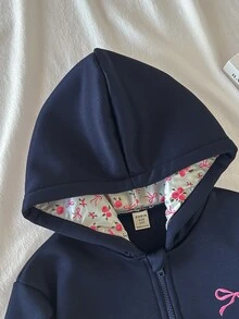 (Tween Girl) 可愛甜美度假休閒百搭花朵蝴蝶結印花雙層連帽前開襟拉鍊口袋寬鬆外套，秋冬款 - 藏蓝色 - 查看 3