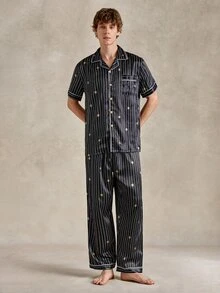 EverLounge Conjunto de ropa de estar en casa casual y lindo para hombres con top de manga corta y pantalones largos para dormir en casa, negro y dorado, verano - Multicolor - Ver 4
