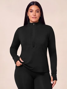 Rhythm Era Kaos Olahraga Lengan Panjang Kerah Tegak Warna Polos Ukuran Besar - Hitam - View 6