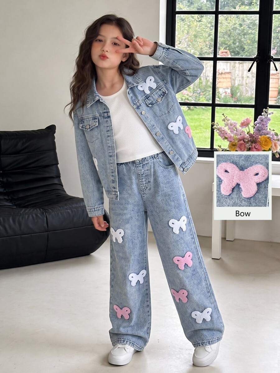 SHEIN Girls' Denim Set Spring Fall Sweet Casual Style Light Blue Washed Denim Classic Lapel Denim Jacket Paired With Elastic Waist Straight Leg Denim Pants - Light Wash - View 1