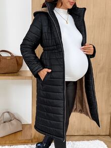 SHEIN Maternity Winter Comfortable Pockets Zipper Hooded Padded Coat - Black - View 7