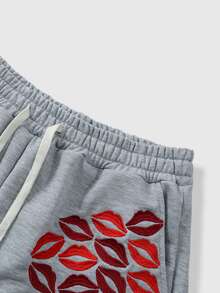 ROMWE MEN Men's Lip Embroidery Long Sleeve Drawstring Hoodie And Sweatpants Casual Set - Grey - View 2
