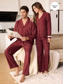 CoupledUp Men's Couple Red Plaid Long Sleeve Pants Pajama Set 2pcs - Red - View 7