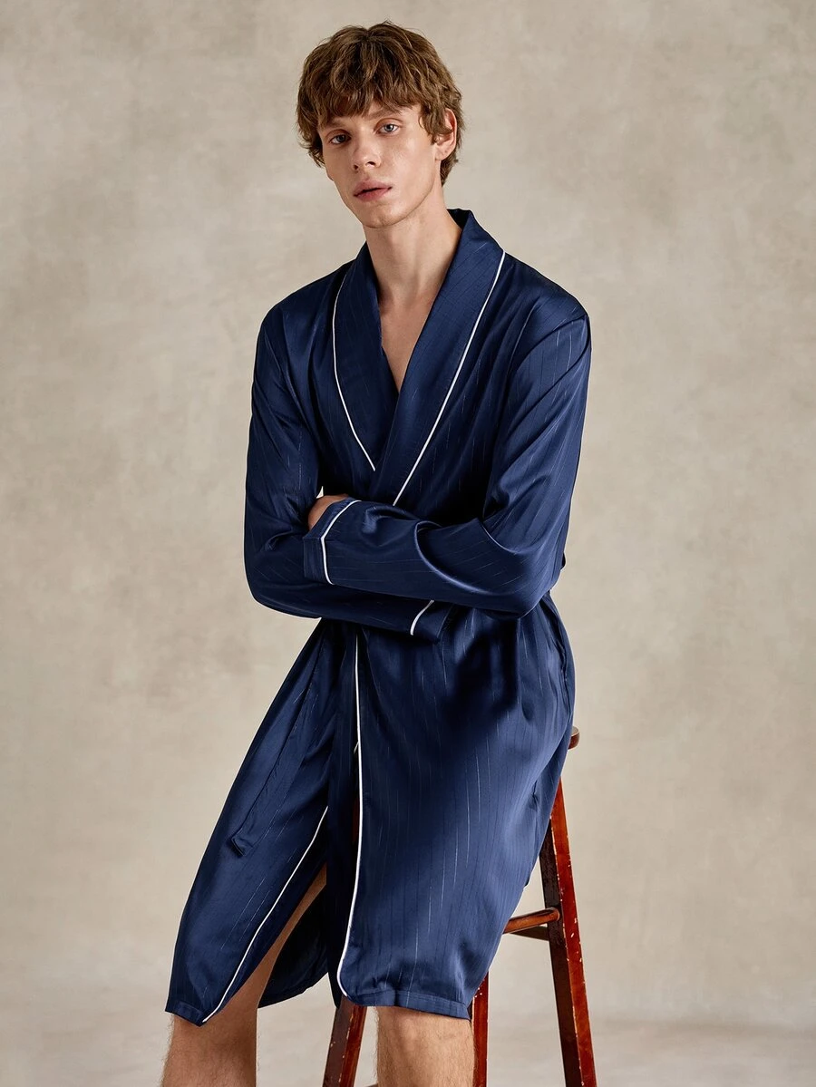 EverLounge Satin Comfortable Minimalist Contrast Trim Men's Robe - Navy Blue - View 1