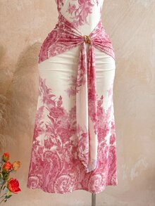Soleia 女款花卉印花深V領性感掛脖長洋裝 - 粉色 - 查看 4