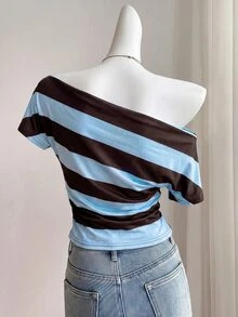 SHEIN EZwear 條紋針織露肩女款T恤 - 藍色 - 查看 2