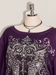 SHEIN ICON 女款大尺碼十字架與翅膀哥德風圖案T恤 - 紫色 - 查看 4
