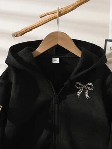 青少年女孩休閒純色蝴蝶結裝飾連帽拉鍊開襟外套，返校秋季款 - 黑色 - 查看 8