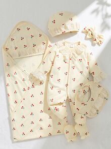 SHEIN 新生女嬰 6 件套清新櫻桃套裝，包含包巾、帽子、手套、圍兜、髮帶和連身衣，柔軟舒適面料，適合日常穿著，禮品 - 黃色 - 查看 9