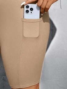 Shapeblank Plus Size Solid Color Butt-Lifting Waist-Cinching Pocket Tight-Fitting Shorts - Khaki - View 6