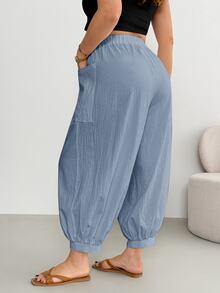 Shapeblank Plus Size Casual Solid Color Double Pocket Pants For Vacation - Dusty Blue - View 2