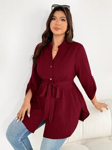 SHEIN Essnce 大尺碼女款純色缺口V領長袖休閒襯衫 - 酒紅色 - 查看 4