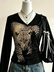 Lalippa Camiseta Feminina Preta com Estampa de Leopardo, Top Grunge Street para Outono, Moda Retrô Simples Casual, Presente para Amigas - Multicolorido - Visão 3