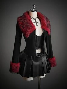 SHEIN ICON 女款毛領長袖前拉鍊時尚夾克 - 黑色 - 查看 1