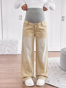 SHEIN 孕婦休閒水洗直筒牛仔褲 - 卡其色 - 查看 3