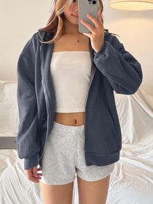 青少年女孩灰色前開襟連帽寬鬆休閒運動衫，簡約設計，適合居家與運動 - 灰色 - 查看 6