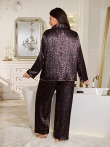 MuseNap CURVE Plus Size Leopard Print Faux Silk Open Front Lapel Long Sleeve Pajama Set With Pants - Brown - View 3